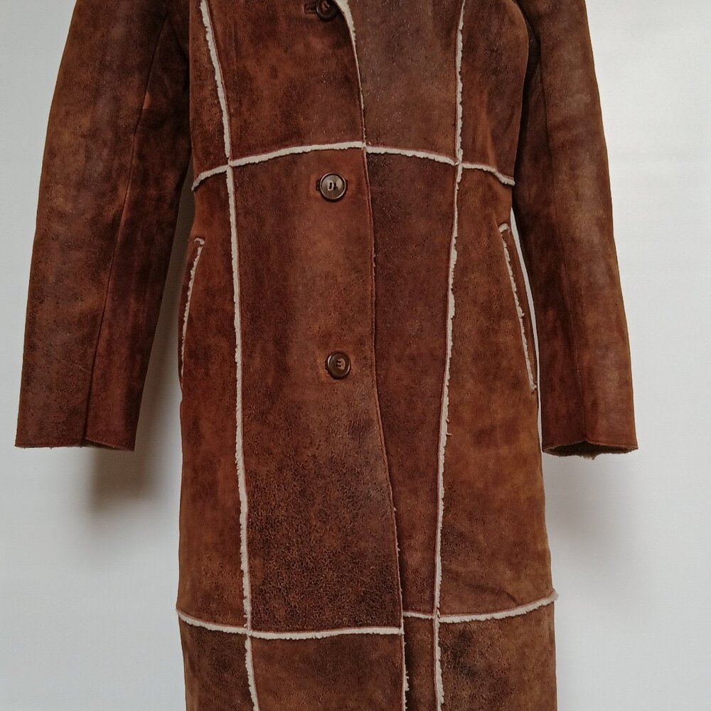 Wilson's Women's Brown Distressed Leather Faux Shearling Maxi Coat Medium